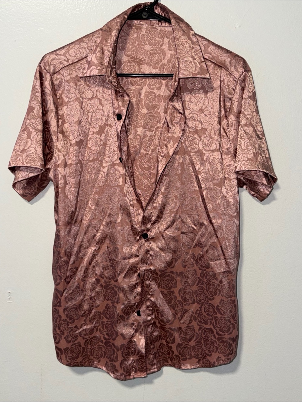 SHEIN Rose-Jacquard Short Sleeve Button-Down — Dusty Rose